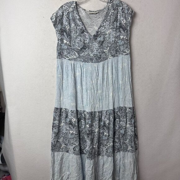 Wonderly dress sz L Tiered Blue Paisley Maxi crinkly fabric‎ sleeveless boho - Picture 1 of 7